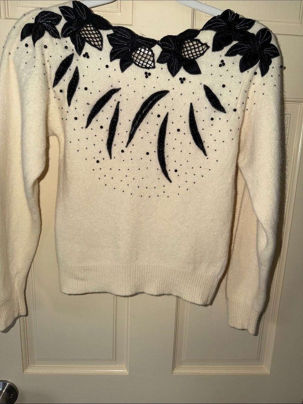 Marisa Christina Cream Crewneck Sweater with Black Floral Appliqué